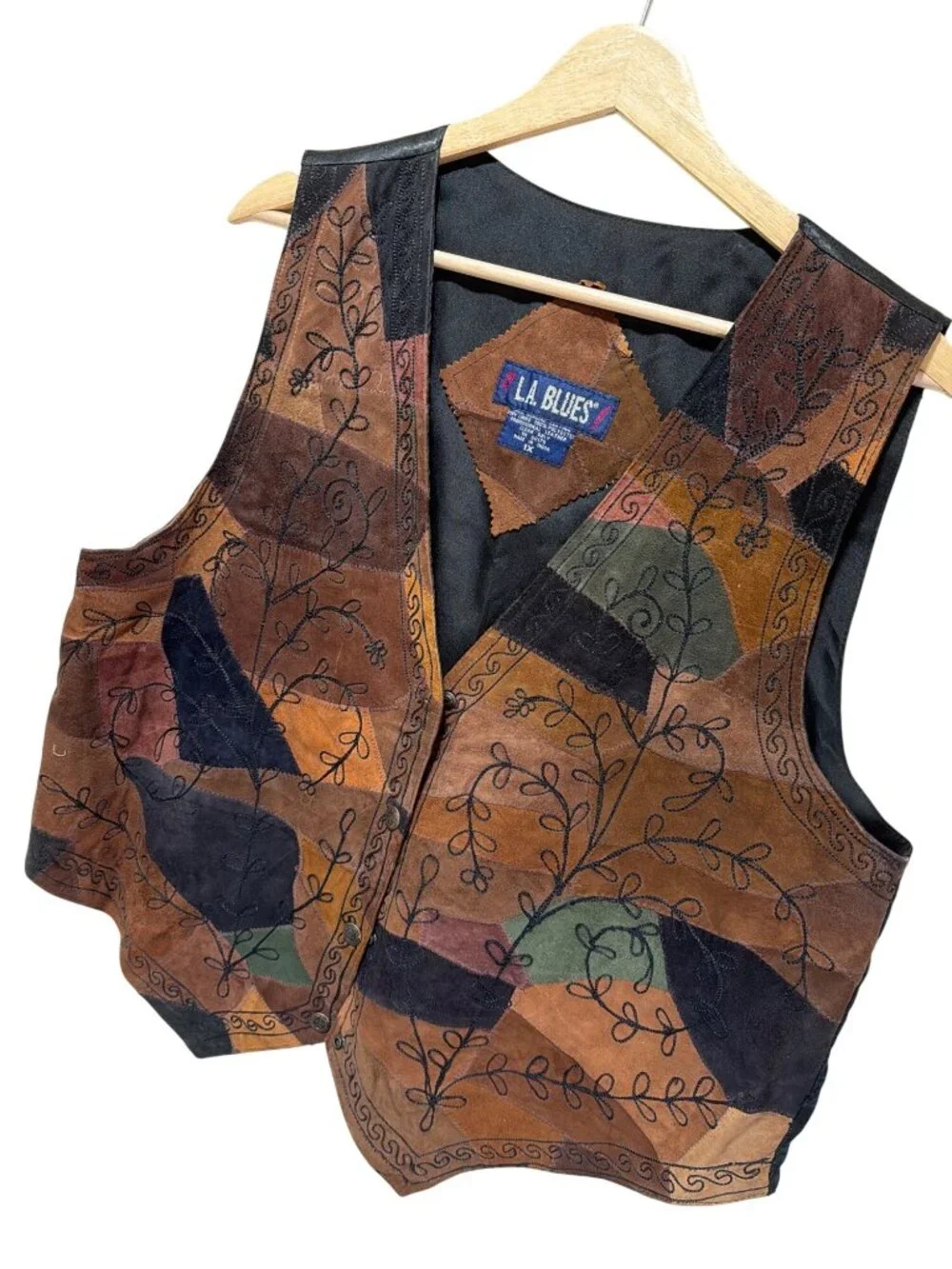 LA Blues Vintage 90s Earth Tone Patchwork Leather Suede Vest With Embroidered Vi